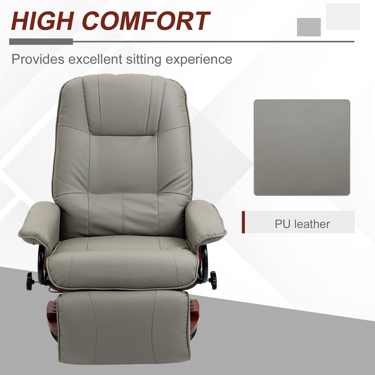 HOMCOM Faux Leather Manual Recliner, Adjustable Swivel Lounge Chair with Footrest, Armrest and Wrapped Wood Base for Living Room, Gray