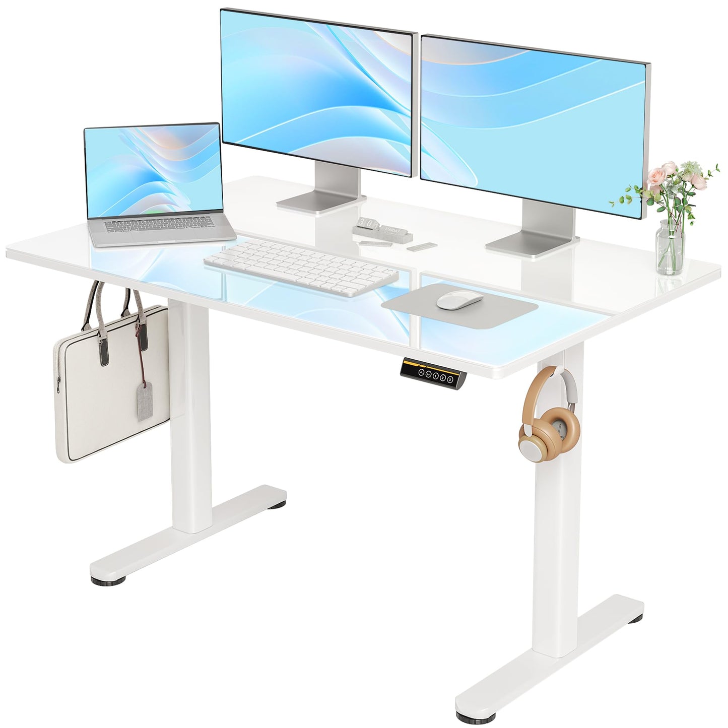 INNOVAR Glass Standing Desk, 48 x 24 Inch Electric Desk Adjustable Height White Stand Up Desks Computer Workstation, Super White