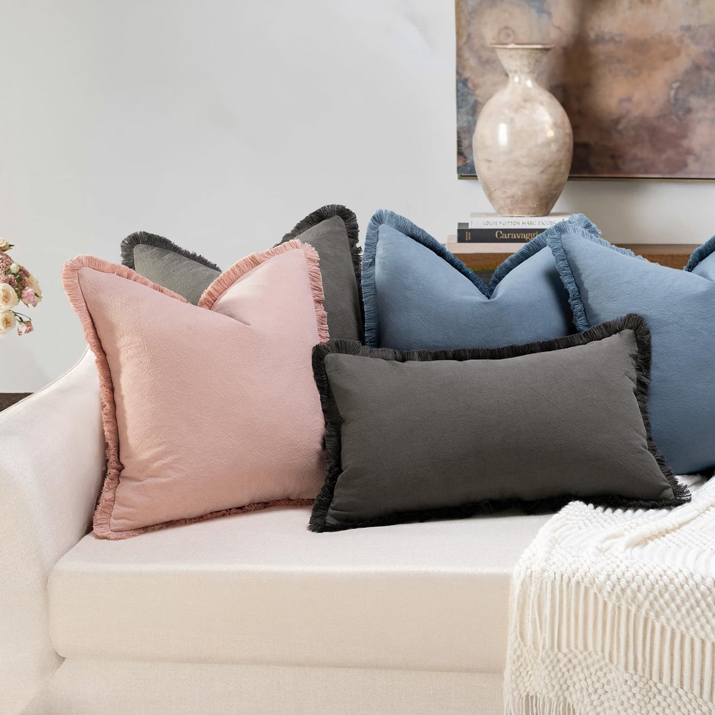 ZWJD Pillow Covers 18x18 Set of 2 Blue Throw Pillow Covers with Fringe Chic Cotton Decorative Pillows Square Cushion Covers for Sofa Couch Bed Living Room Farmhouse Boho Decor