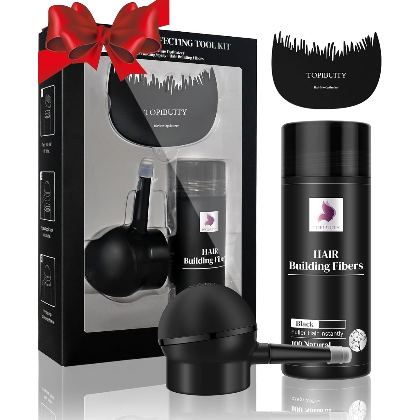 Hair Thickening Fibers & Applicator Set - Natural Long-Lasting Concealer for Fuller Hair, Thicker Beard & Crisp Hairlines (BLACK)