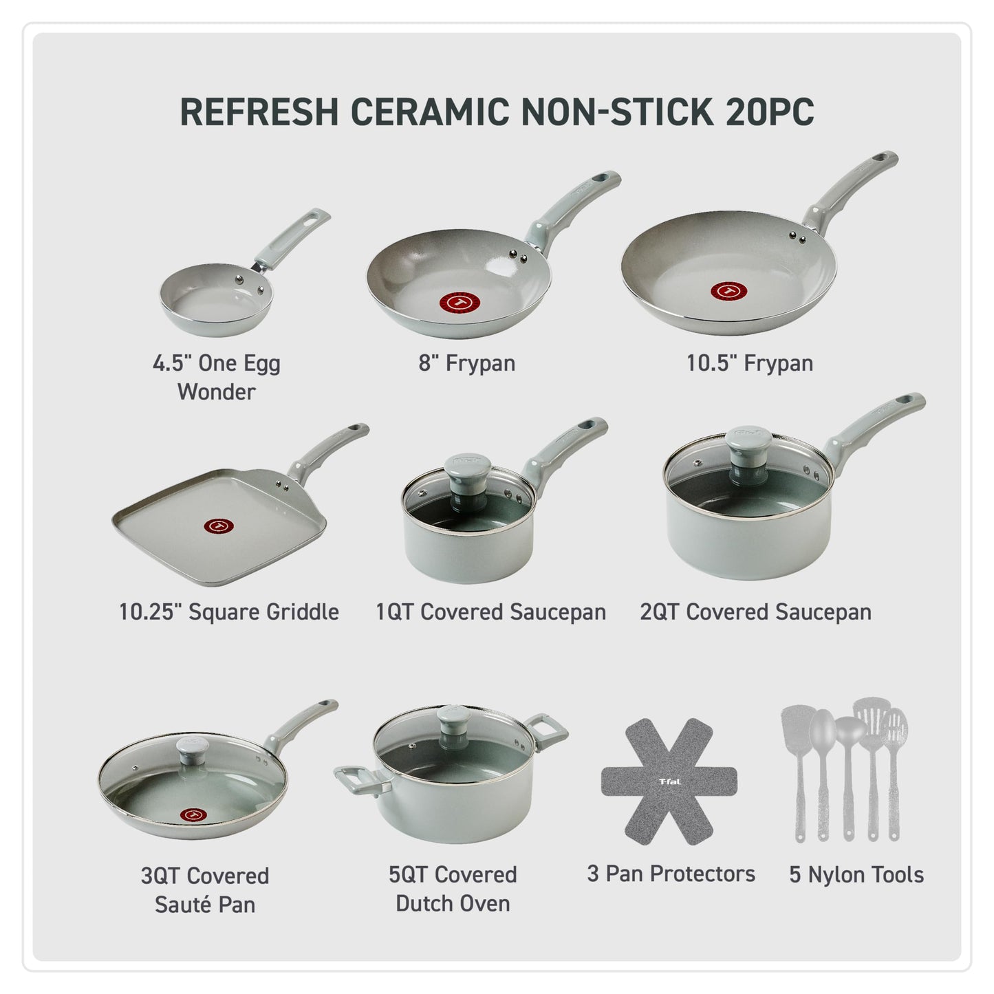T-Fal Refresh Ceramic Nonstick Cookware Set, 20-Piece, Made without PFOA and PTFE, Oven and Broiler Safe up to 350°F, Includes Stockpot, Griddle, Frying Pans, and Utensils, Pots and Pans, Moon Grey