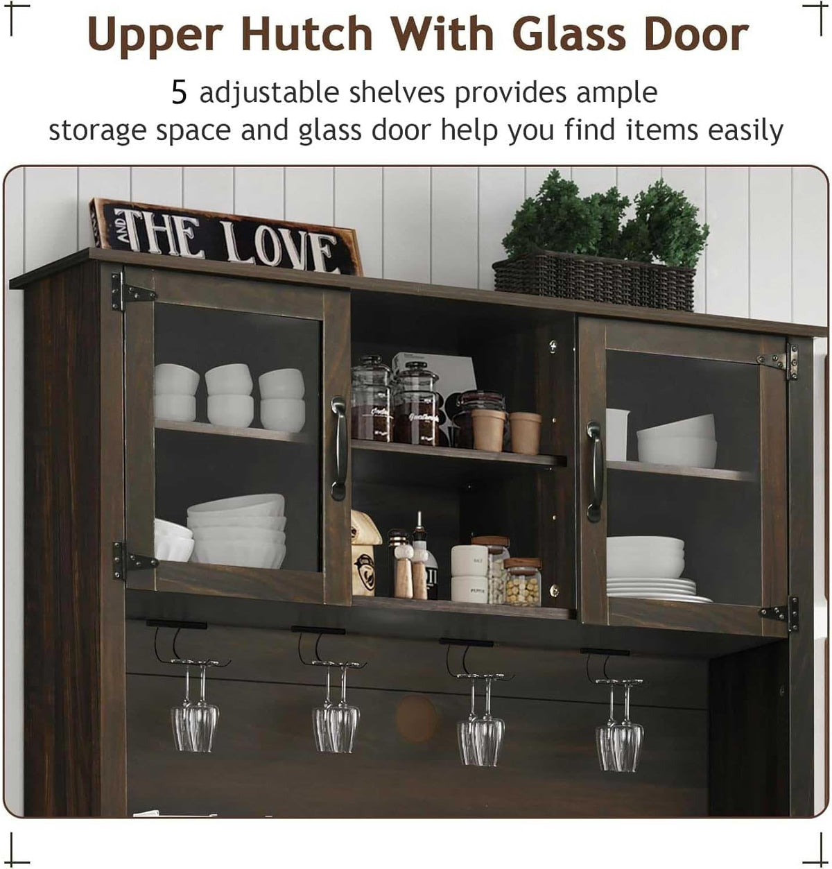 4ever2buy Farmhouse Coffee Bar Cabinet with 4 Mug Hooks, 72 Inch Wine Bar with with Hutch and 2 Sliding Barn Doors, Tall Coffee Bar with 9 Wine Racks for Living Dining Room, Dark Oak