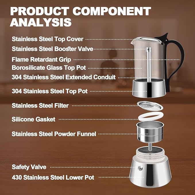 6 Cup Glass Transparent Moka Pot Stainless Steel Uncoated Stovetop Espresso Maker Italian Coffee Makers Mocha Greca Machine Cafe Classic Induction Cookers for Home Camping 350ml