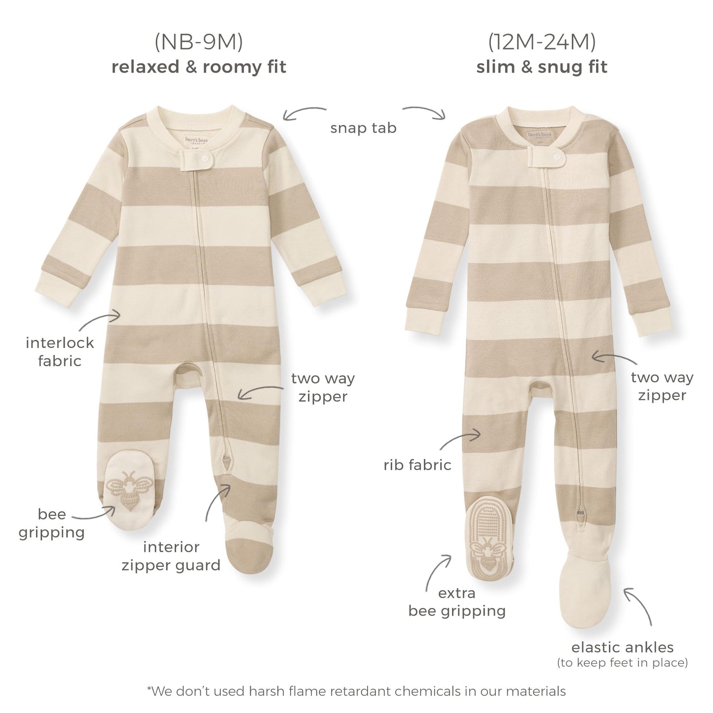 Burt's Bees Baby Baby Boy's Sleeper PJs, 100% Organic Cotton, One-Piece Footie, Zip Up Jumpsuit, Snug Fit Pajamas, Neutral Solid Rib, 12 Months