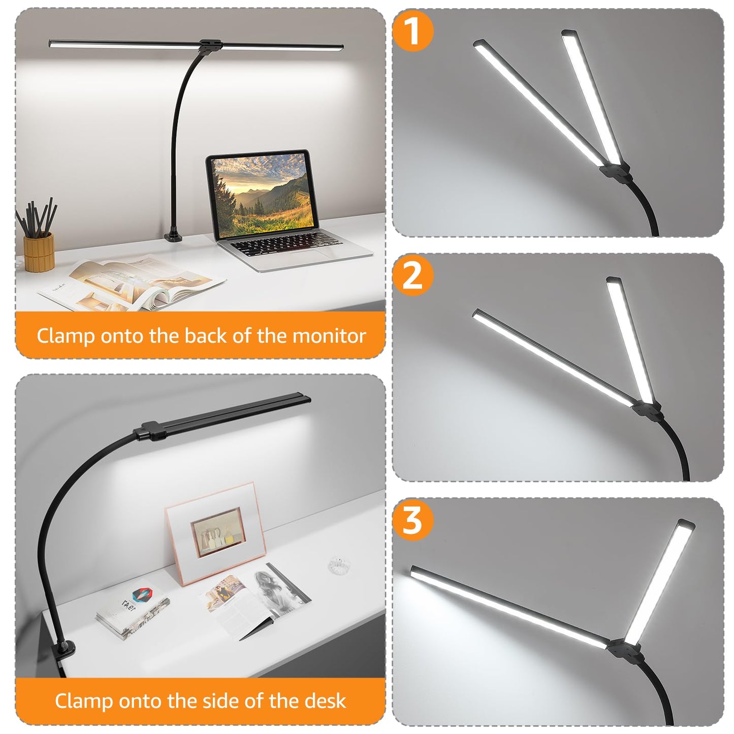 ShineTech Led Desk Lamp for Office Home, Bright Double Head Desk Light with Clamp, Architect Task Lamp 50 Lighting Modes Adjustable Flexible Gooseneck Lamp