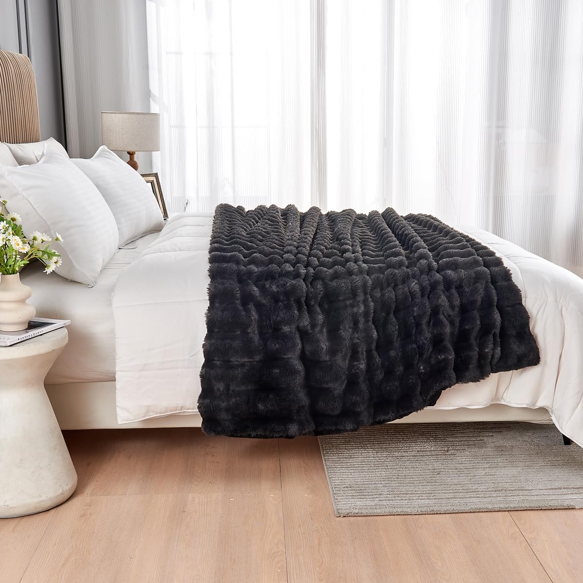 Gusuhome Faux Fur King Couch Blanket - Luxurious Faux Rabbit Fur Bed Blanket Reversible - Cozy Warm Fluffy Fuzzy Plush Striped - 90x106 Inches Black