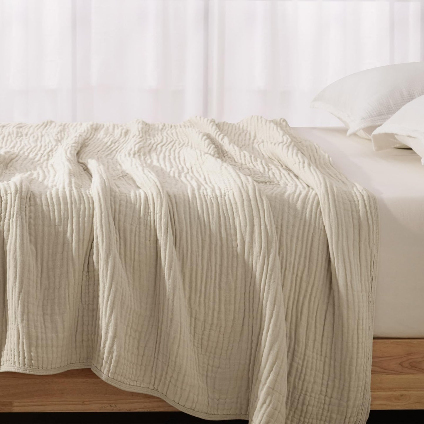 PHF Cooling Muslin Blanket Queen Size 90"x80", 6-Layer Lightweight Gauze Blanket Made from 35% Rayon Derived from Bamboo & 65% Cotton, Breathable & Ultra Soft Cozy, Aesthetic Home Decor, French Oak