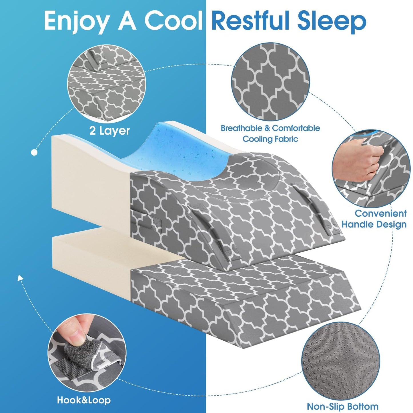 CloudBliss Leg Pillow, Leg Elevation Pillow for After Surgery, Adjustable Cooling Memory Foam with Summer Ice Sick Cover, Wedge Pillow for Blood Circulation, Knee Pillows for Back Knee Grey