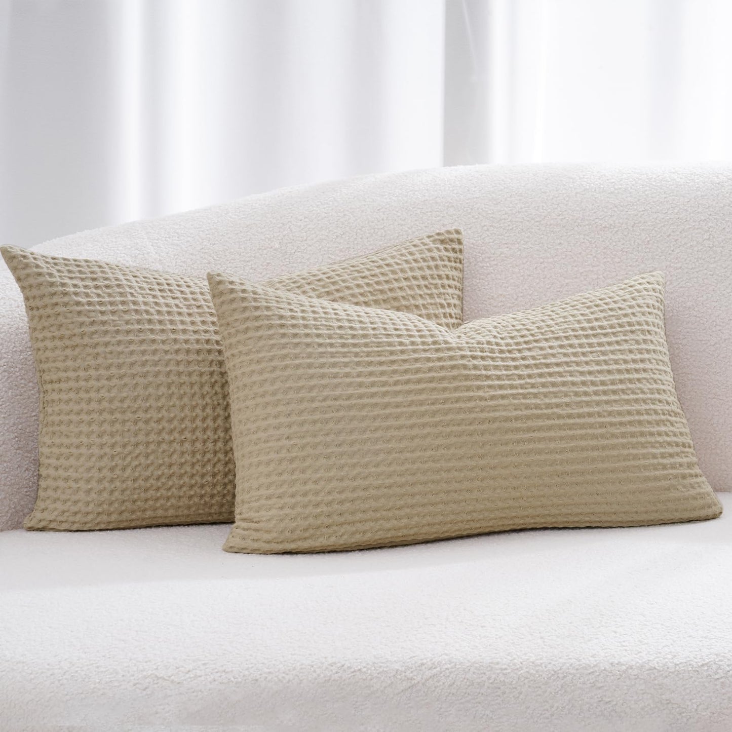 PHF 100% Cotton Waffle Weave Lumbar Pillow Cover 12" x 20", No Insert, 2 Pack Elegant Home Decorative Rectangle Throw Pillow Covers for Bed Couch Sofa, Khaki