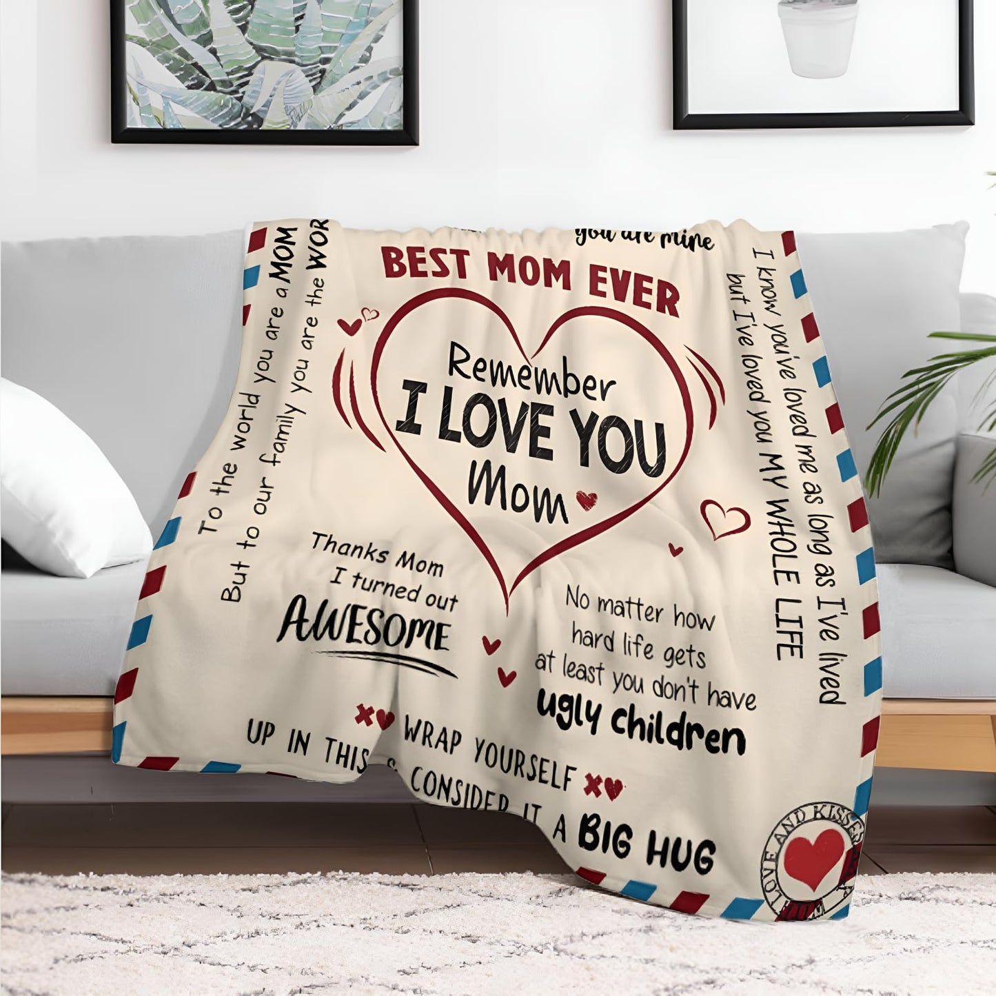 HEOSHIULY Mom Blanket Birthday Gifts from Daughter/Son, Soft Throw Blankets Women Mom Gifts Fleece for Anniversary, Mothers' Day, Envelope Letter Design, 50X60