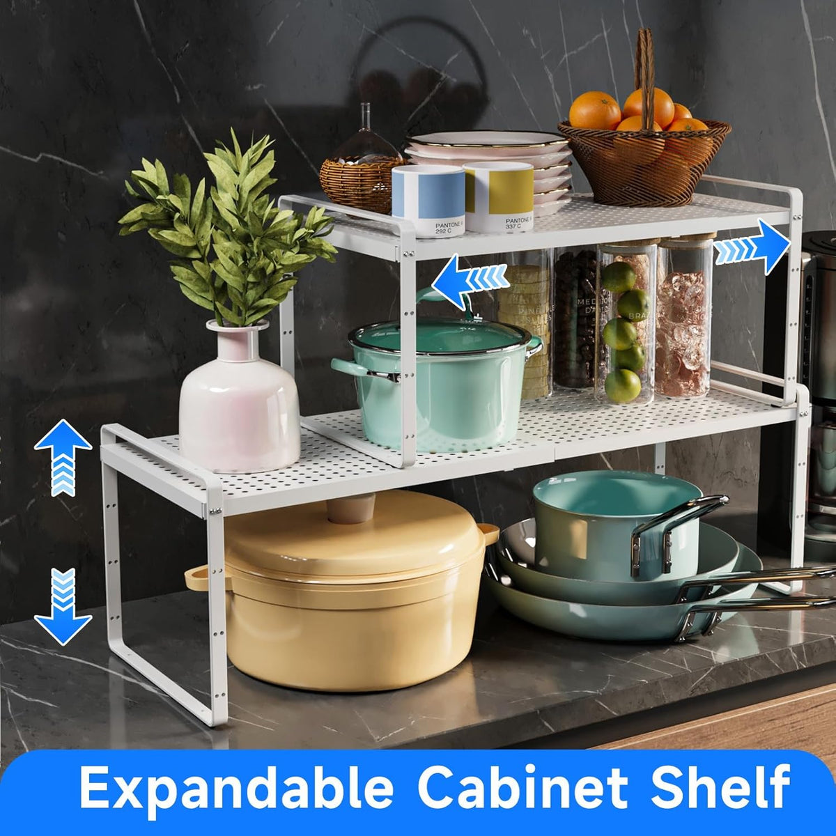 Expandable Cabinet Shelf Organizers, Kitchen Small Stand Rack Organization for Countertop Cupborad Pantry, White 3 Pack