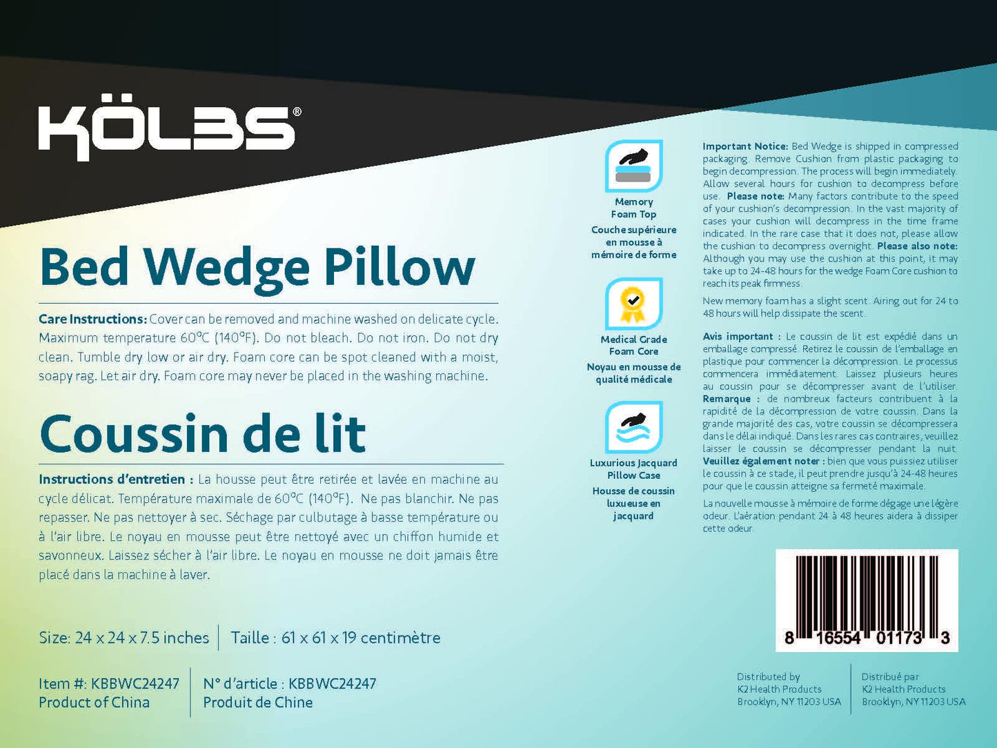 Kolbs Bed Wedge Pillow for Sleep Apnea, Sleeping Comfort, Relaxing, Acid Reflux, Heartburn and Back Pain Relief. Cushion for Sitting Up in Bed. Memory Foam Top, Chic Jacquard Washable Cover.
