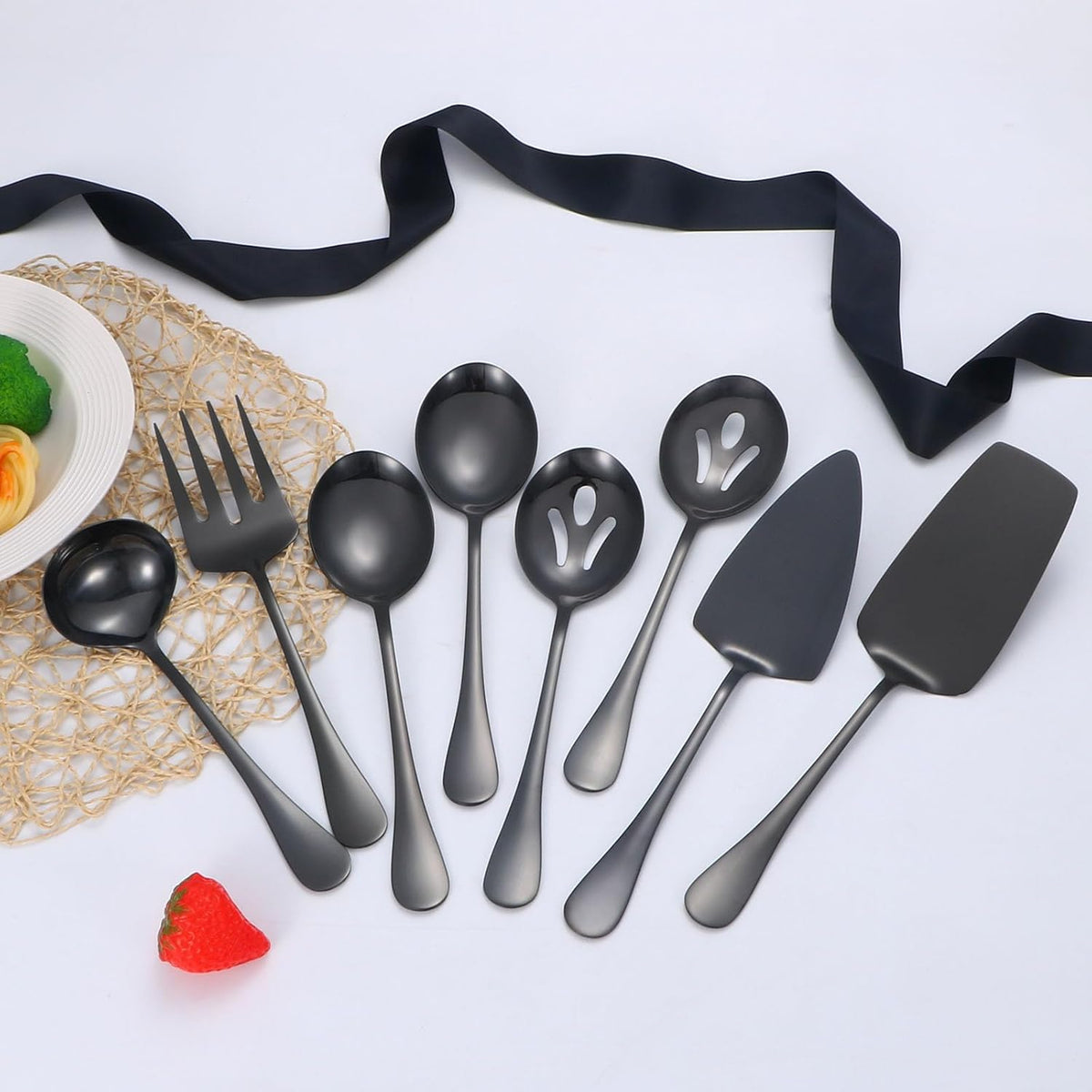 Black Serving Utensils,8 Pcs Stainless Steel Serving Utensil Set Include Serving Spoons,Serving Fork,Soup Ladle,Lasagna Server,Pie Server,Large Serving Set for Parties Buffet Home,Dishwasher Safe