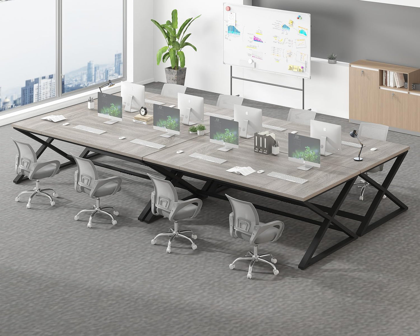 IBF Large Home Office Computer Desk, Industrial Long Work Study Writing Desk, Simple Executive Conference Table for 2 Person, Wood Metal Double Pc Gaming Workstation in Bedroom, Light Grey Oak, 70 in