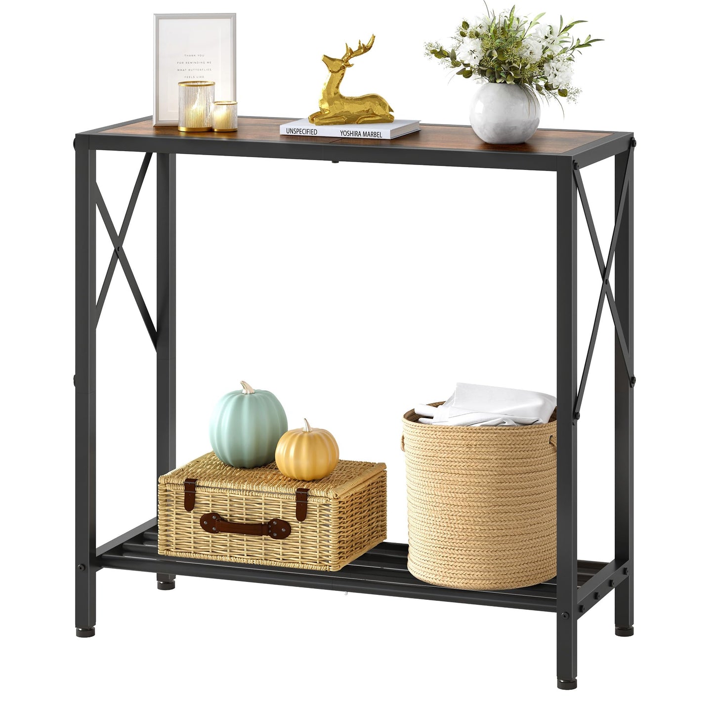 Tajsoon Console Table, 2 Tier Small Hallway Table, Narrow Sofa Table for Entryway with Open Shelves for Living Room, Hallway, Foyer, Office, Rustic Brown