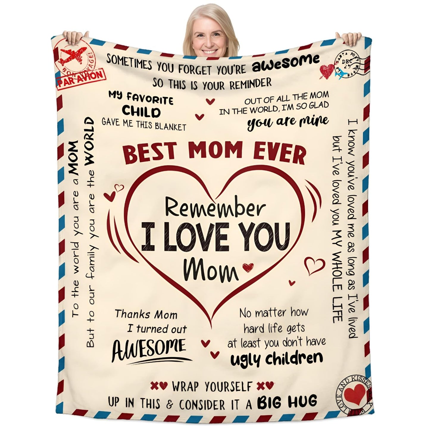 HEOSHIULY Mom Blanket Birthday Gifts from Daughter/Son, Soft Throw Blankets Women Mom Gifts Fleece for Anniversary, Mothers' Day, Envelope Letter Design, 50X60