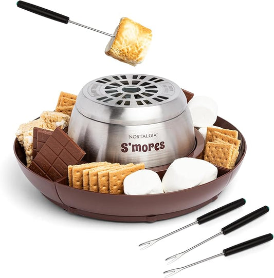 Nostalgia Indoor Electric Stainless Steel S'Mores Maker with 4 Lazy Susan Compartment Trays for Graham Crackers, Chocolate, Marshmallows and 4 Roasting Forks, Brown