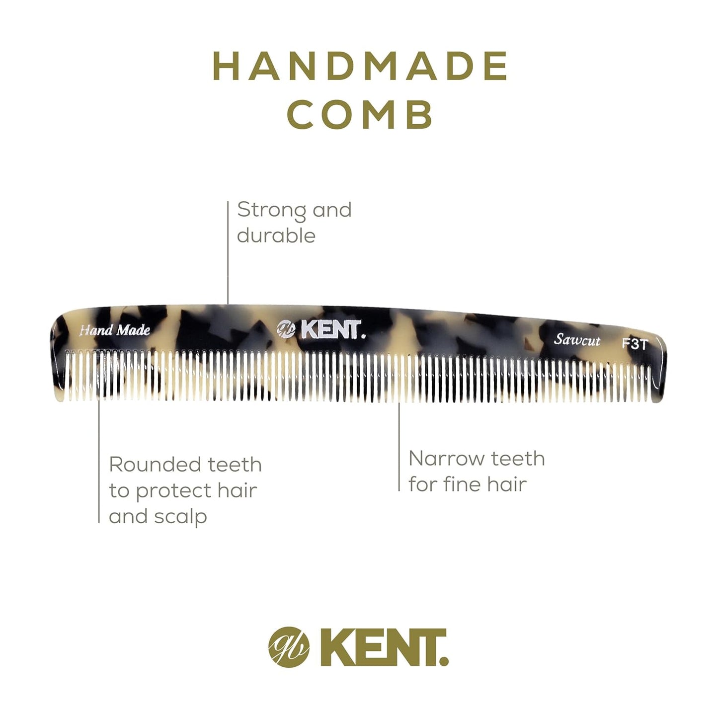 Kent F3T TW Fine Tooth Comb for Hair Parting, Handmade Combs for Men and Straightening Comb for Women, Dandruff Remover Kent Mens Combs for Fine Hair