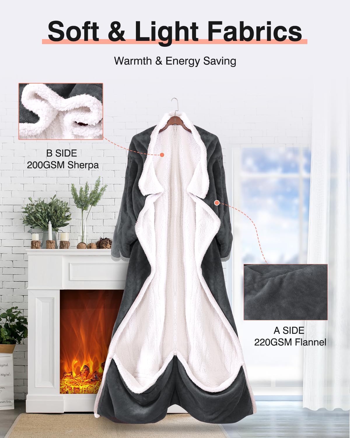 Wearable Heated Blanket with Sleeves, Electric Heated Blanket for Gifts, Electric Throw Wrap Poncho Shawl with Pockets, 6 Heating Levels & 4 Hours Time Settings, 50 x 70 Inch (Grey)