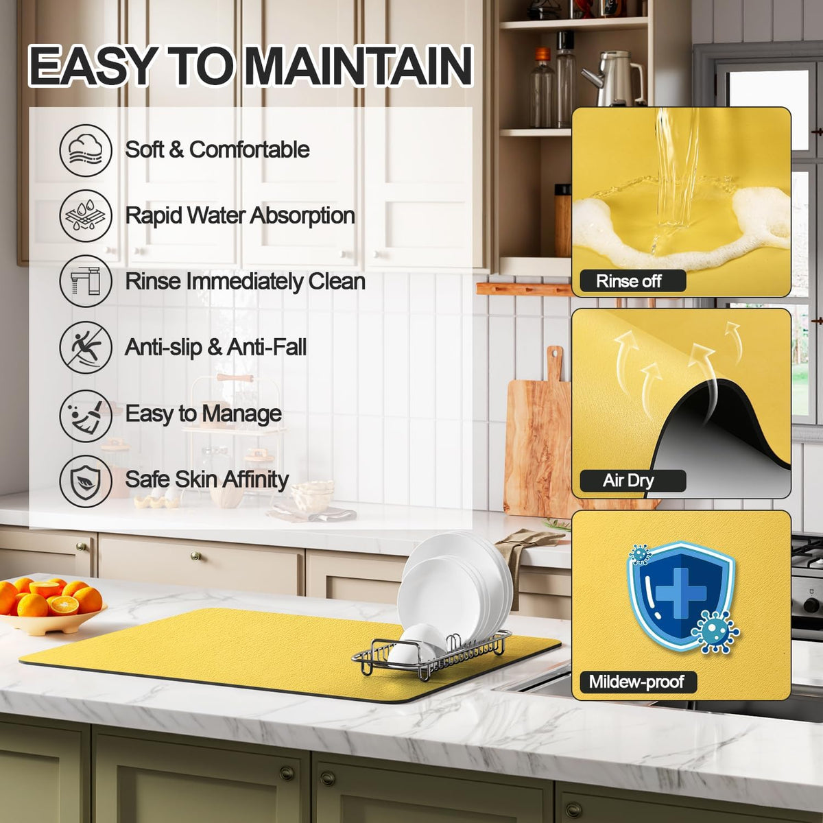 Dish Drying Mat for Kitchen Counter | Coffee Bar Mat for Countertops | Heat Resistant Drainer Mat with Non-slip Rubber Backed | Hide Stain Kitchen Absorbent Draining Mat | Yellow 18"x24"
