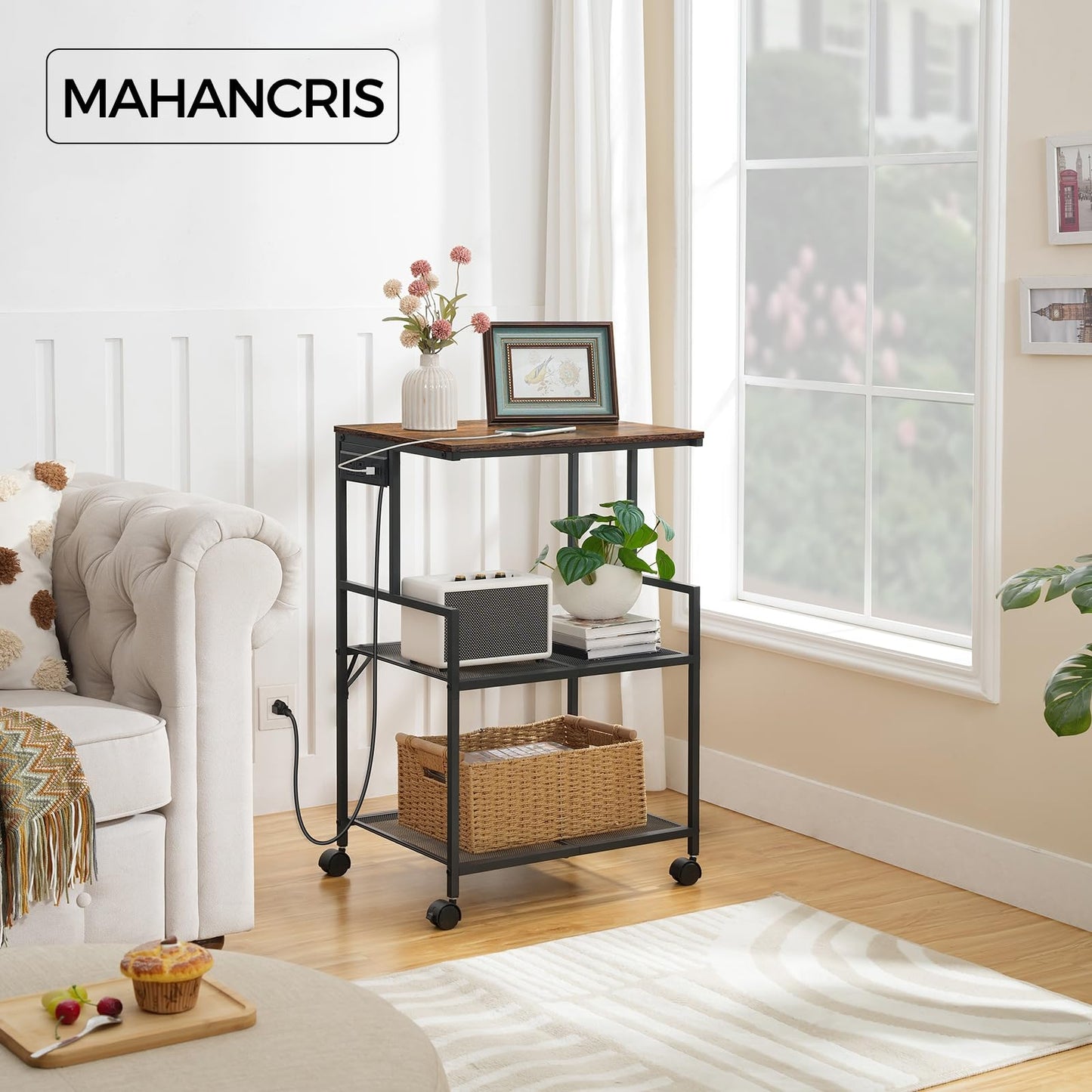 MAHANCRIS Mobile Printer Stand, 3-Tier Industrial Printer Cart with Power Outlets and 2 USB Ports, Rolling Printer Table on Wheels for Home Offices Kitchen Organization Rack, Rustic Brown PTHR78E01