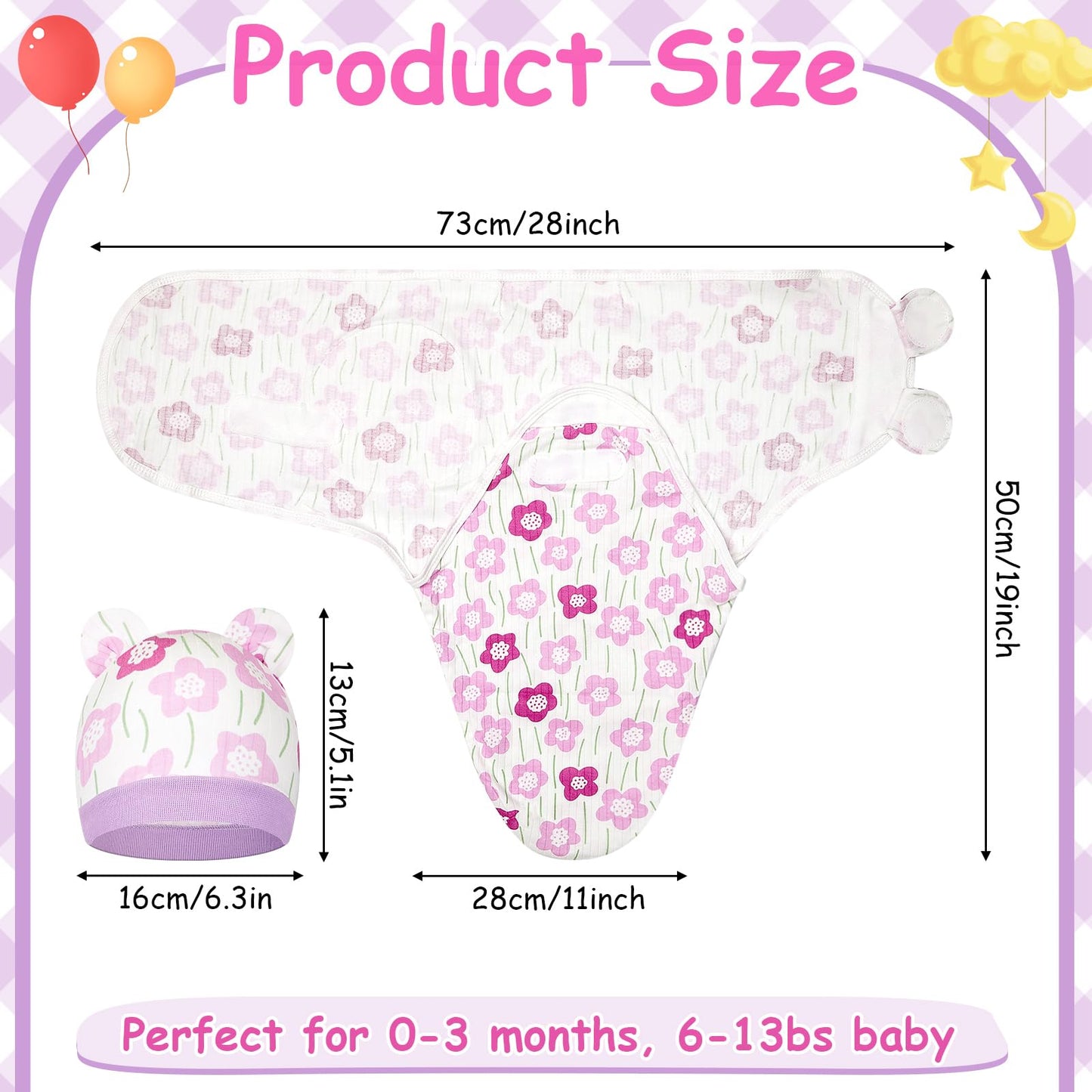 Ramede 6 Pack Baby Swaddle Blanket with Hats Sleep Swaddle for 0-3 Months Newborn Sacks Soft Cotton Wearable for Boy Girl(Pink and Green,Flower)