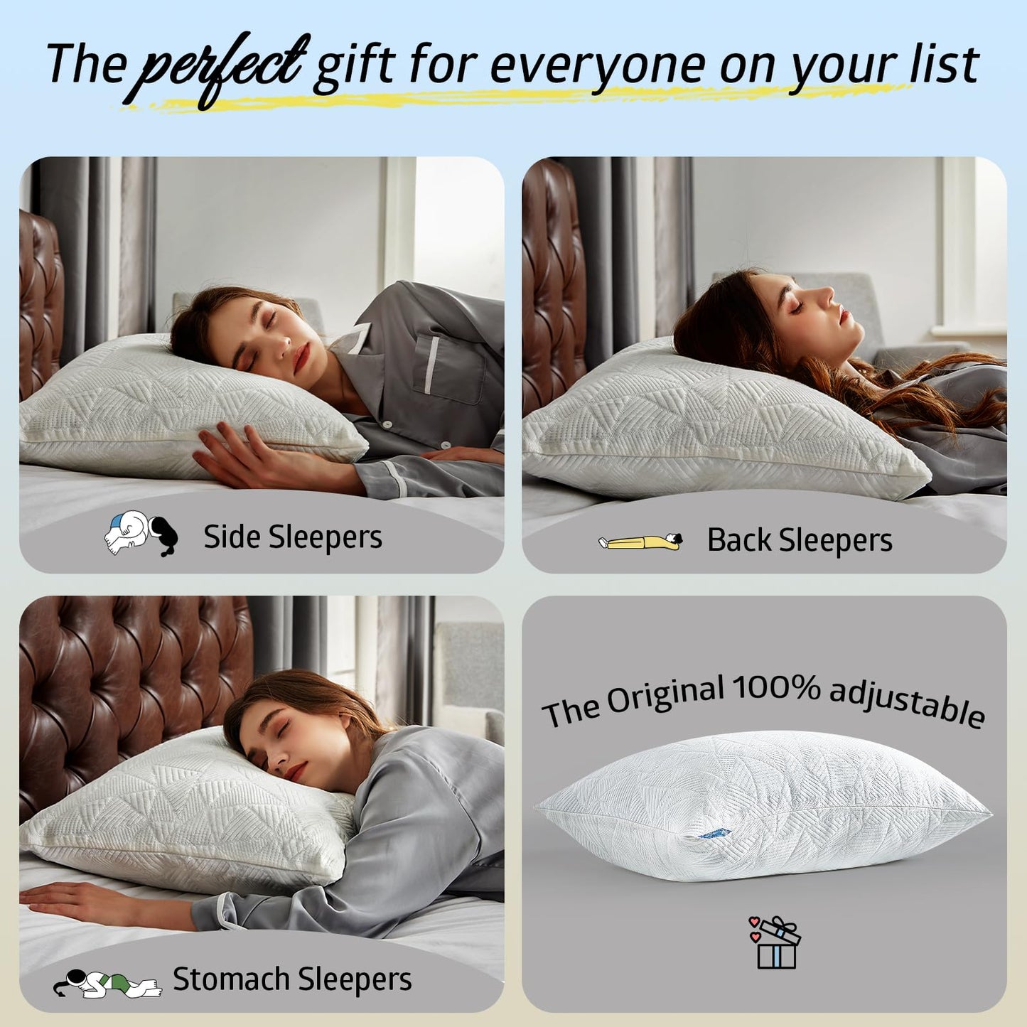 BETU Cooling Standard Pillow, Shredded Memory Foam Cool Pillow for Hot Sleepers, Adjustable Gel Firm Soft Support Bed Pillows Perfect for Back Neck Pain and Side Sleeping with Pillow Case Cover, White