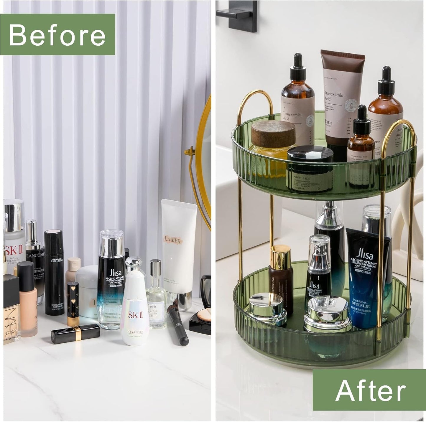 Rotating Makeup Organizer for Vanity, High-Capacity Skincare Clear Make Up Storage Perfume Organizers Cosmetic Dresser Organizer Countertop 360 Spinning (Purple, 3 Tier)
