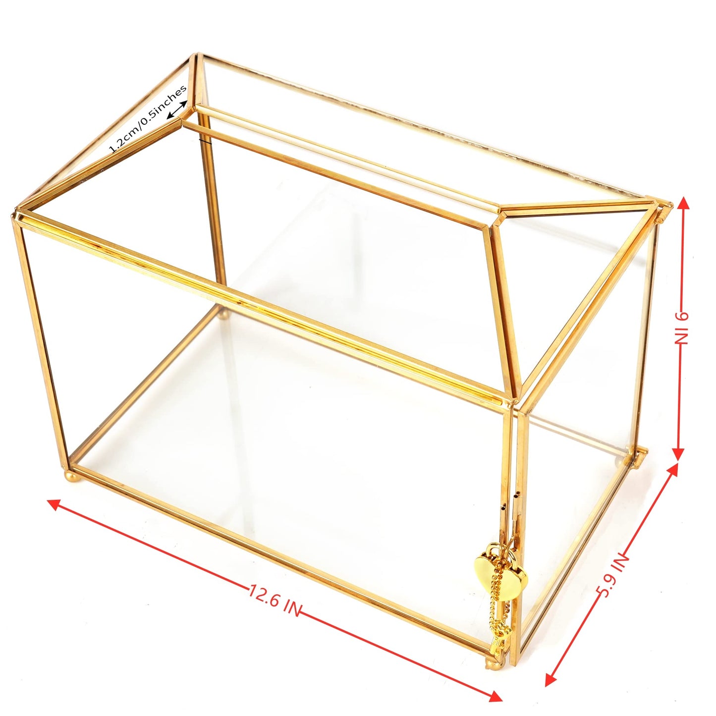 WHSLILR 12.6" Glass Card Box Wedding Card Box with Lock for Wedding Reception Cosmetic Home Decor, Handmade Large Geometric Terrarium with Hinged Lid, Brass Frame - (Golden/Roof)
