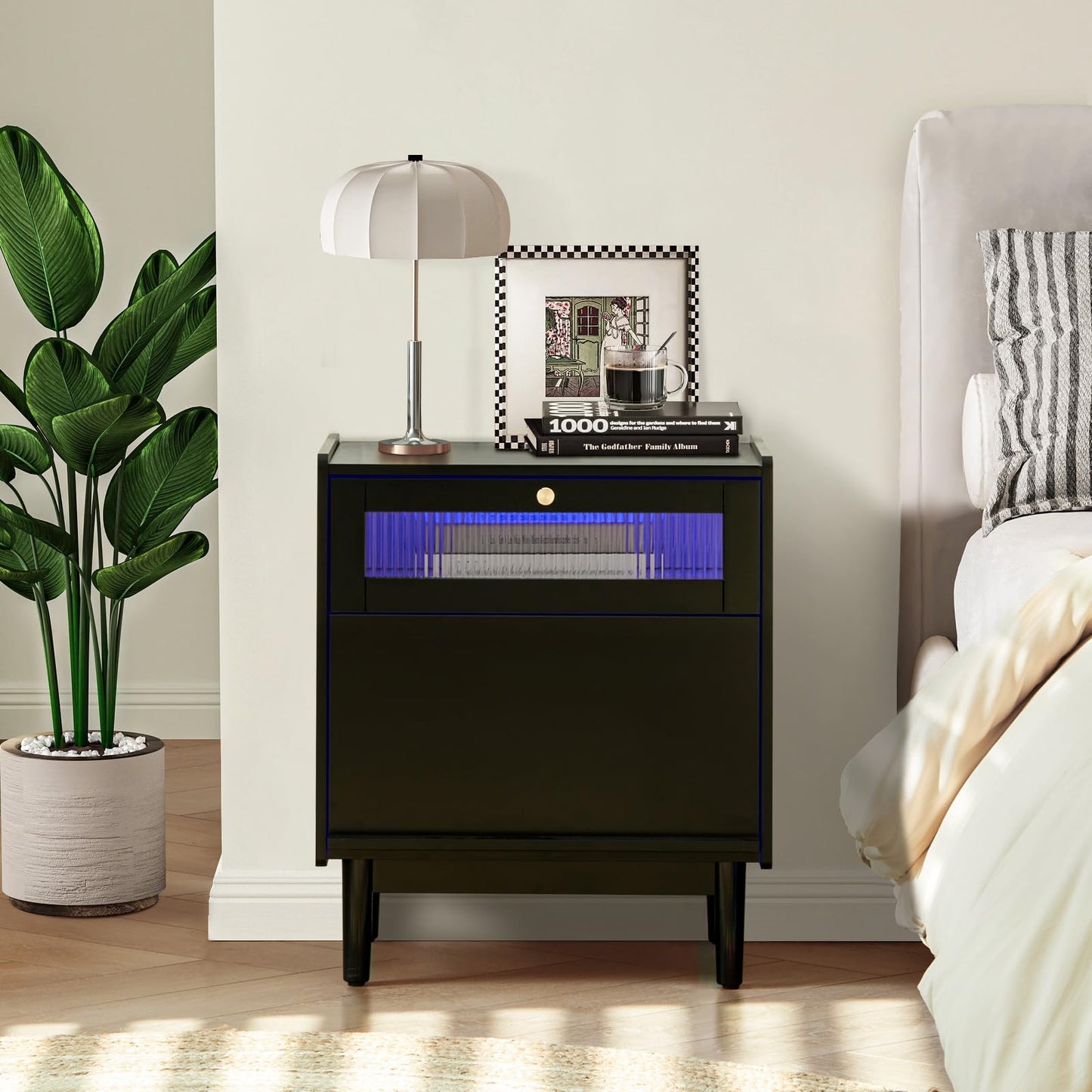 CLIPOP Led Nightstand, Bedside Table with Drawer, Solid Wood Legs, Fluted Glass Night Stand for Bedroom, Living Room, Small Space, Black