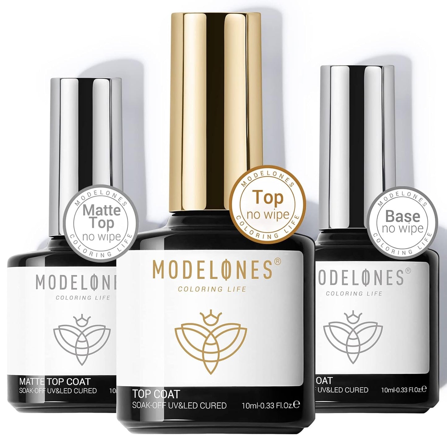 modelones Gel Top Coat Base Coat for Gel Nail Polish, 3 Pcs 10 ml No Wipe Matte & Shiny Top Coat, Long Lasting High Gloss and Matte Effects DIY at Home