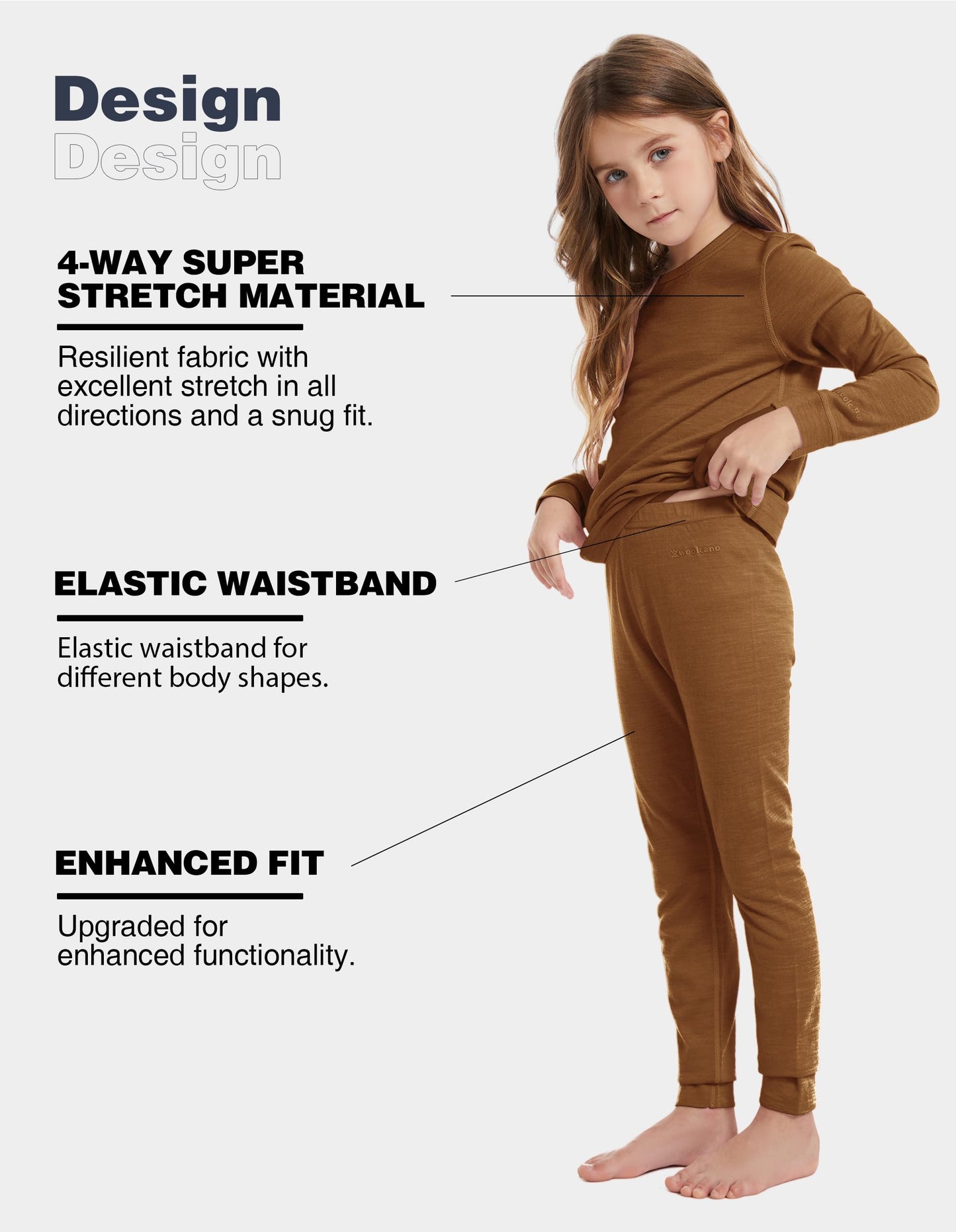 woolcano Kids Unisex 100% Merino Wool Base Layer Sets Lightweight Thermal Underwear Cooper 9-10