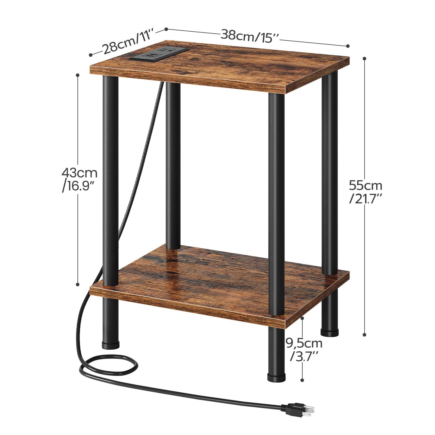 HOOBRO Side Table with Charging Station, End Table with USB Ports and Outlet, Nightstand with 2-Layer Storage Shelves for Small Spaces, Living Room, Bedroom, Stable Frame, Rustic Brown BF09UBZ01