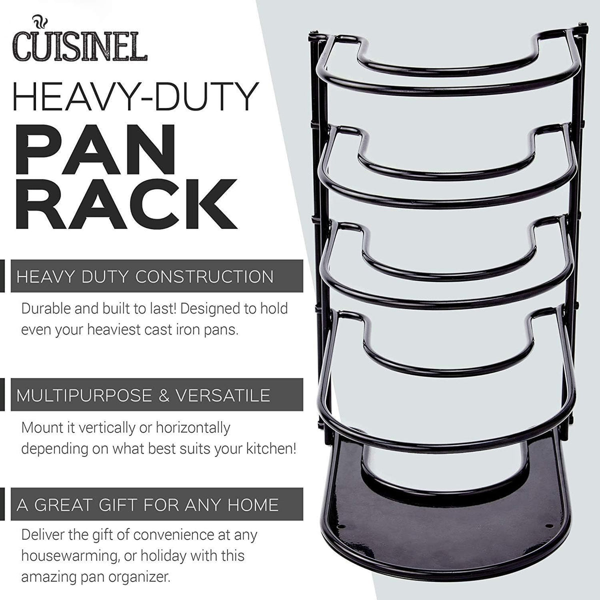 Cuisinel Heavy Duty Pots and Pans Organizer Rack - 12.2"-Inch Tall - 5 Tier Rack - Holds 50 LB - Cast Iron Skillets, Griddles, Shallow Cookware - Space Saving Kitchen Storage - No Assembly Required