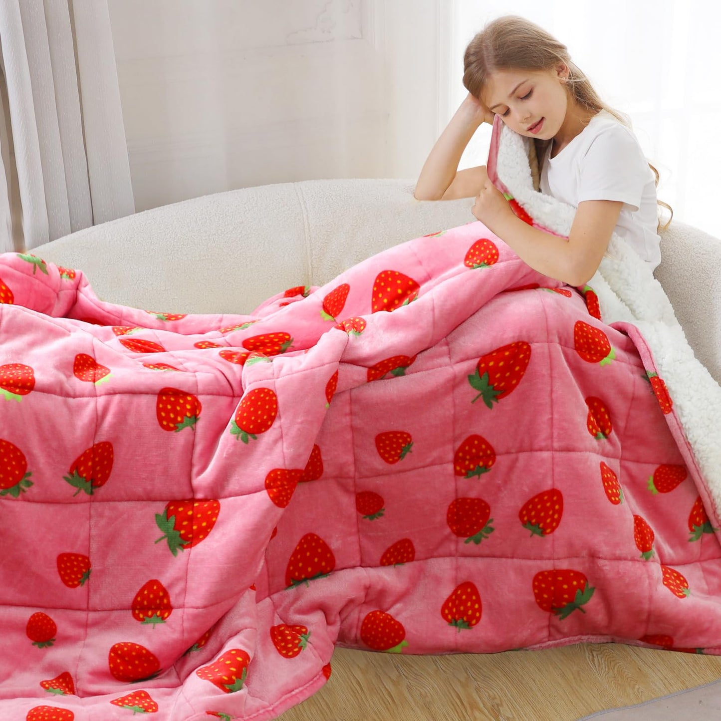 Aemicion Kids Weighted Blanket 7 pounds Twin Size 41"x 60",Soft Sherpa Fleece Heavy Blanket for Sleeping Perfect for 60-90lbs, Cute Strawberry Pink Weighted Throw Blanket as Gifts for Daughter Girls
