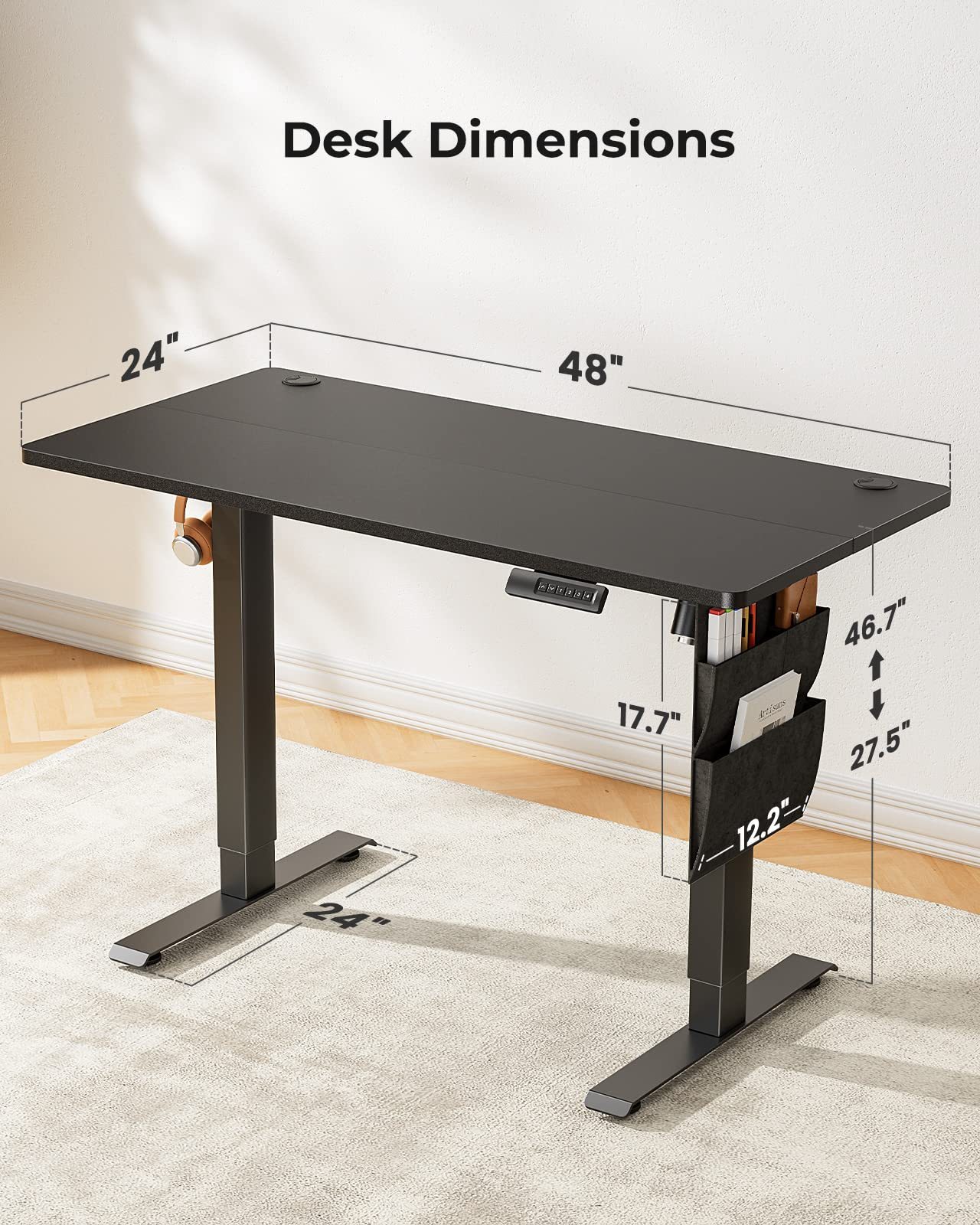 Marsail Standing Desk Adjustable Height Home Office Desk,‎48x24” Electric Standing Desks, Stand up Table with Storage Bag,Headphone Hook for Computer Workstations Desk4 Memory Preset