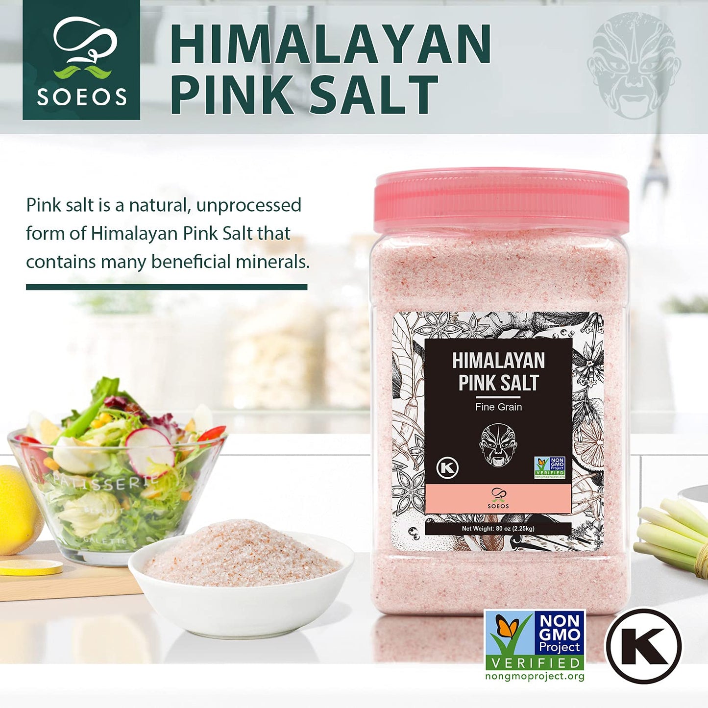 Soeos Himalayan Pink Salt, Fine Grain, 80oz (5 Pound), Non-GMO Himalayan Salt, Kosher Salt, Pink Himalayan Sea Salt Fine