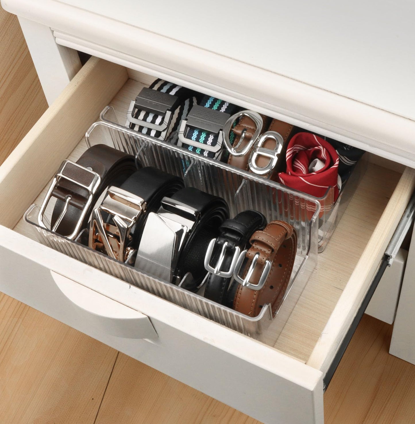 AUOIKK Acrylic Belt Organizer - 2 Pack with Adjustable 4 Compartments & Stackable Design, Clear Storage for Closet and Drawer Organization