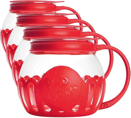 Ecolution Patented Micro-Pop Microwave Popcorn Popper with Temperature Safe Glass, 3-in-1 Lid Measures Kernels and Melts Butter, Made Without BPA, Dishwasher Safe, 1.5-Quart, Red (Pack of 4)