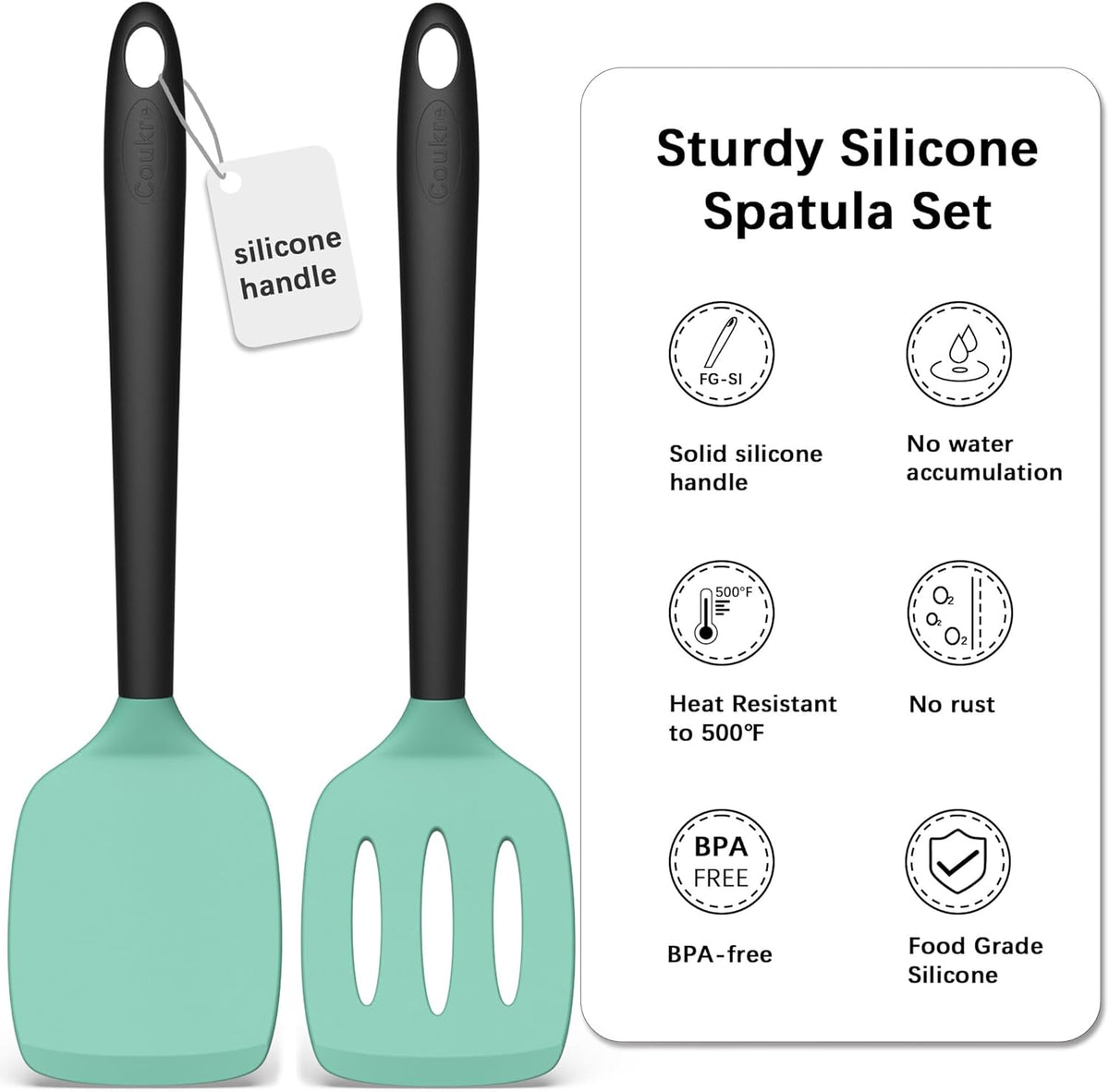 Coukre 2 Pack Silicone Spatula Set, High Heat Resistant, BPA Free Kitchen Spatula, Solid & Slotted Turner for Non-Stick Pans, Sautéing, and Flipping (2, AquaGreen)