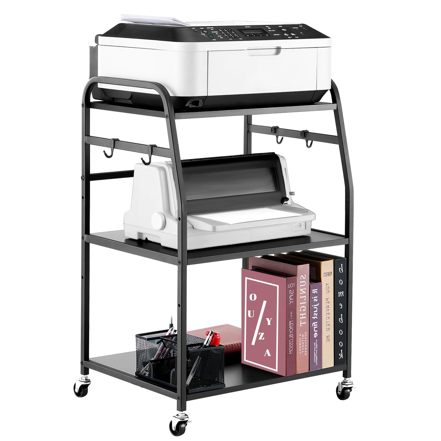 Vividwood Printer Stand - Large 3 Tier Printer Table with Adjustable Storage Shelf - Rolling Cart with Wheels -Stable Desk for Home Office Use (Black)
