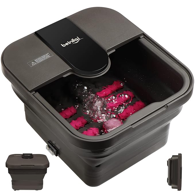 Beinilai Collapsible Foot Spa,Foot Bath with Heat and Massage and Bubble Jets,Foot Soak Tub with Six Non Motorized Rollers,Acupressure Massage Points,Red Light and Removable Pumice Stone