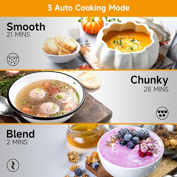 Homtone 1.6L Soup Maker Machine, Stainless Steel Soup Maker Blender with Smooth & Chunky Settings, Anti-Dry Burn, Overfill Sensors, Ideal for Quick Soups, Baby Food