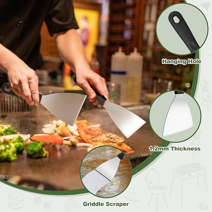 6pcs Griddle Accessories Kit, Heavy Duty Stainless Steel Griddle Tools Spatulas Set for Blackstone - Commercial Grade Flat Top Grill Accessories - Great for Outdoor BBQ
