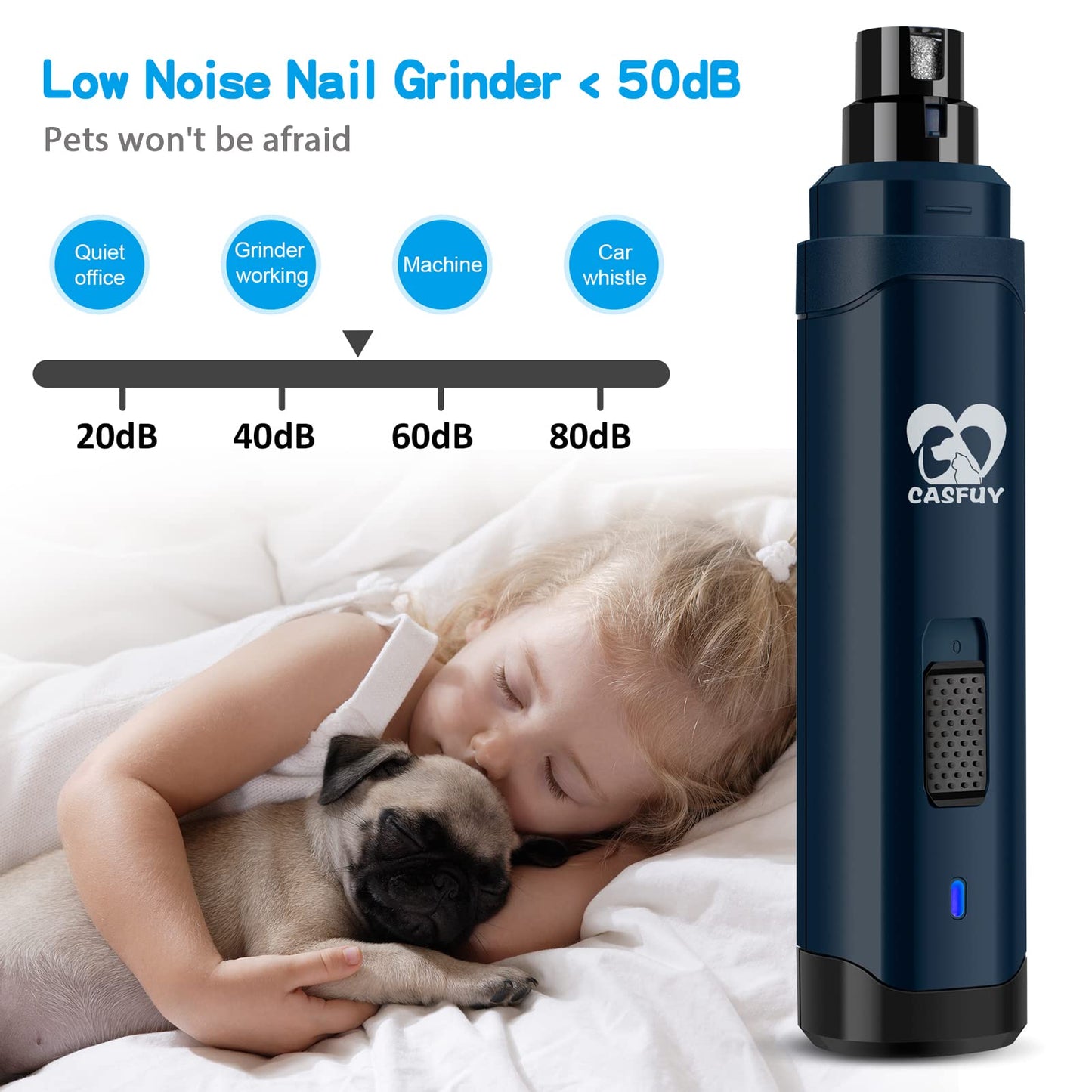 Casfuy Dog Nail Grinder Upgraded - Professional 2-Speed Electric Rechargeable Pet Nail Trimmer Painless Paws Grooming & Smoothing for Small Medium Large Dogs & Cats(Dark Blue)