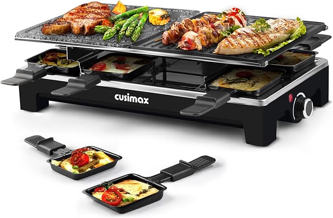 Raclette Table Grill, CUSIMAX Indoor Grill Electric Grill, Portable Korean BBQ Grill with 2 in 1 Reversible Non-stick Plate & Natural Grill Stone, 8 Raclette Pans 8 Wooden Spatulas for Family Fun