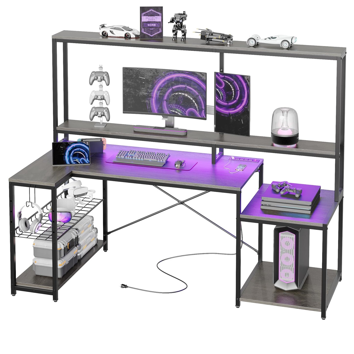 Bestier 71.5” Computer Desk, Gaming Desk with Long Monitor Stand and Hutch, Large L Shaped Corner Desk with Storage Shelf & Printer Stand Headset Hooks, Gamer Desk, Grey Oak