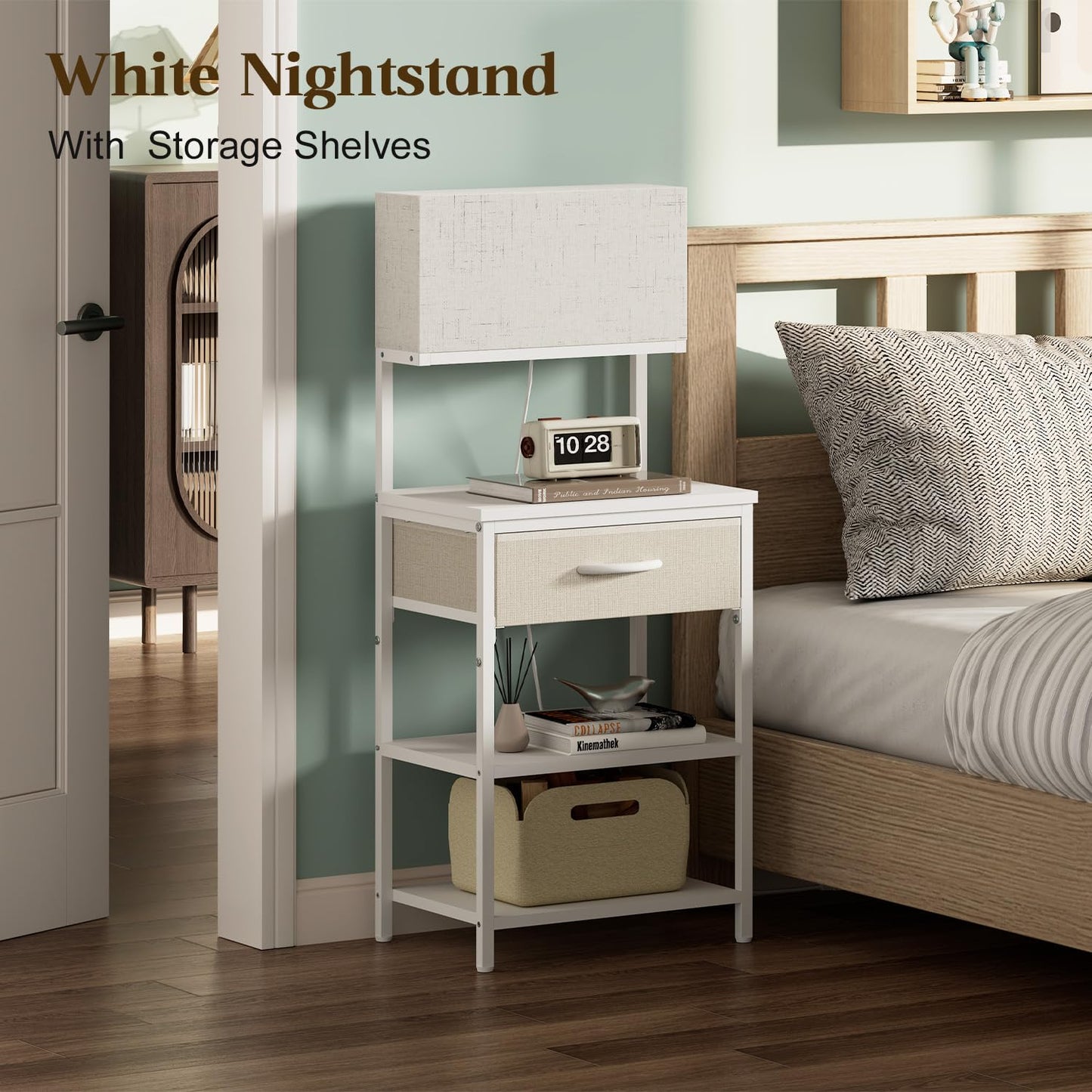 White Night Stand With Led Lamp, Small Nightstand With Drawer For small spaces, Small Bedside Table With Storage Shelves For Bedroom, Bed Side Table With Adjustable Feet, Metal Wood Structure, Sturdy