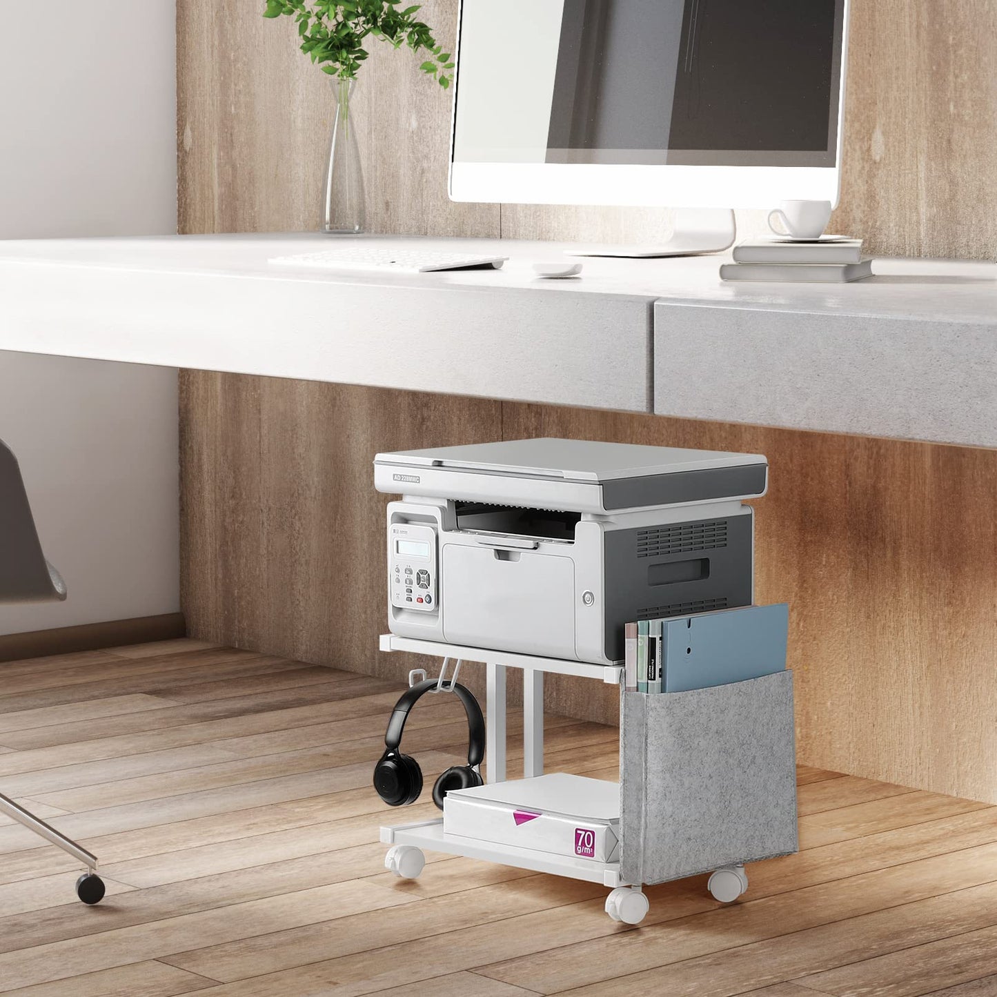 Printer Stand Under Desk Printer Table with Wheels 2 Tier Small Printer Cart with Storage Bag Desktop White Printer Stands for Home Office Fax Machine Scanner Files (White)