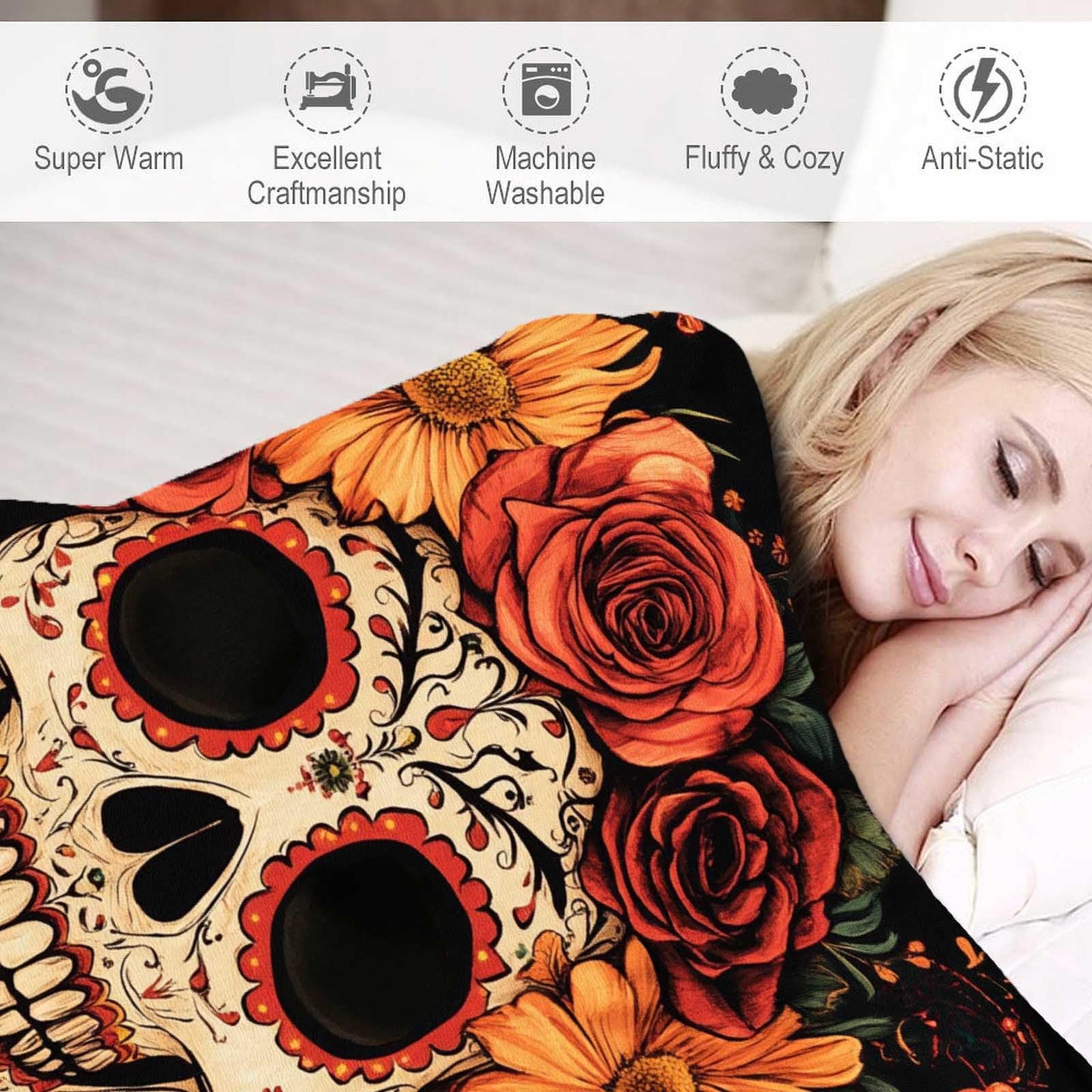 FexNuvko Sugar Skull Throw Blanket, Sugar Skull Gifts for Women, Day of The Dead Blanket, Soft Cozy Mexican Lightweight Fleece for Couch and Bed Room Decor, 50x60 Inches, 310 GSM, Single Side Printed